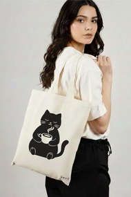 Sacosa de Panza pentru Cumparaturi, Geanta Tote, model Caffeine Cat 9 38 x 34.5 cm, Alba, BEKZ®