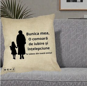 Cadou pentru Bunica - Perna Personalizata Bunica Mea Comoara Iubire Intelepciune Silueta, 40x40 cm, Crem, Husa Detasabila, Perna Inclusa, BEKZ®