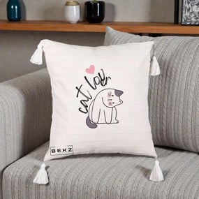 Perna Personalizata Cat Lover Pisica Ilustratie Linie, 40x40 cm, Bej cu Franjuri, Husa Detasabila, Perna Inclusa, BEKZ®
