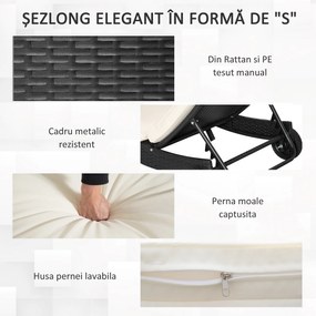 Outsunny Șezlong de Grădină din Ratan PE Negru cu Spătar Reglabil și Pernă Captușită pentru Relaxare Optimală 207x70x70cm | Aosom Romania