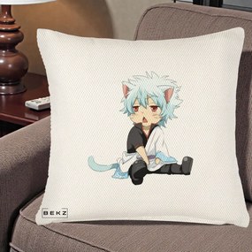 Perna Personalizata Gintama Gintoki Chibi Pisica, 40x40 cm, Crem Reliefat, Husa Detasabila, Perna Inclusa, BEKZ®