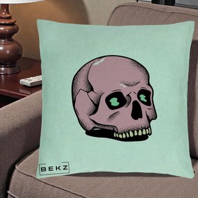 Perna Decorativa Craniu Roz Tatoo Art Halloween, 40x40 cm, Verde Menta, Husa Detasabila, Perna Inclusa, BEKZ®