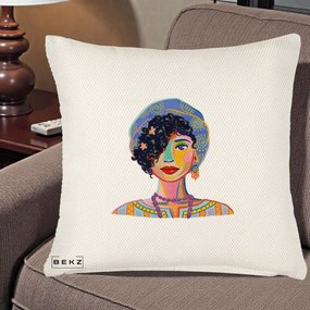 Perna Decorativa Portret Femeie Etnic Colorat, 40x40 cm, Crem Reliefat, Husa Detasabila, Perna Inclusa, BEKZ®