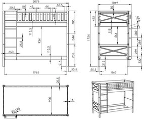 Pat supraetajat pentru copii SCOTT, alb, 90 x 200 cm, din pin scandinav masiv, cu somiere incluse – Vipack