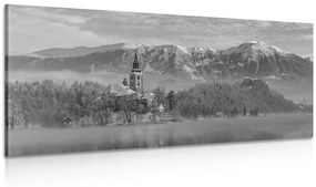 Tablou biserică lângă lac în Bled Slovenia alb-negru