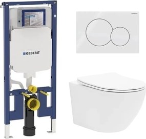 Set rezervor incastrat Geberit Duofix Sigma cu set de fixare, clapeta alba Sigma01 plus vas WC Rune Ivaldi alb cu capac slim softclose