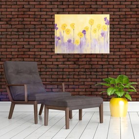 Tablou pe sticlă - Flori mov și galbene (70x50 cm)