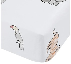 Cearceaf pentru copii alb din bumbac pentru pat de o persoană cu elastic 90x190 cm Zoo Animals – Bianca