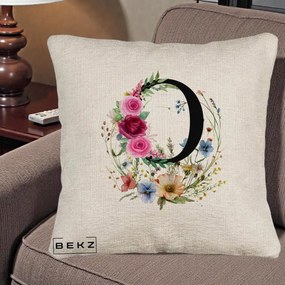 Cadou Personalizat - Perna Personalizata Monogram Litera O cu Flori Acuarela, 40x40 cm, Bej Canapea, Husa Detasabila, Perna Inclusa, BEKZ®
