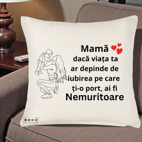Cadou pentru Mama - Perna Personalizata Mama Nemuritoare Portret Graphic, 40x40 cm, Crem Reliefat, Husa Detasabila, Perna Inclusa, BEKZ®