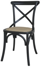 Scaun dining negru din lemn de cauciuc, rattan si rachita, cu aspect vintage, French