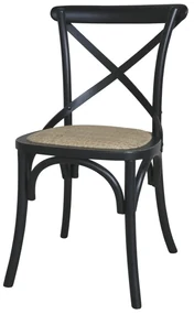 Scaun dining negru din lemn de cauciuc, rattan si rachita, cu aspect vintage, French