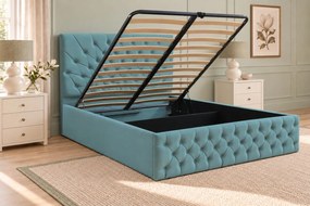 Pat tapițat Chesterfield din catifea Venezia 180×200 cm, verde marin, cu ladă de depozitare
