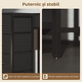 HOMCOM Birou de Colț Reversibil cu Prize și Porturi USB, 126x48 cm Birou în Formă de L cu 6 Sertare din Material Textil, Cârlig Lateral, pentru Computer, Birou, Cameră, Negru | Aosom Romania