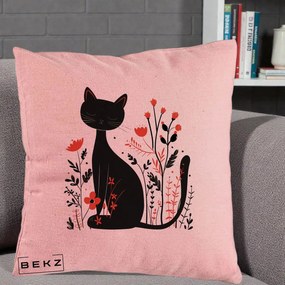 Perna Decorativa Pisica Neagra Flori Rosii Folk Minimal, 40x40 cm, Roz, Husa Detasabila, Perna Inclusa, BEKZ®