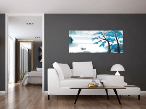 Tablou - Pictură, lac cu barcă (120x50 cm)