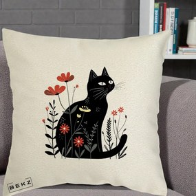 Perna Decorativa Pisica Neagra Flori Rosii Folk, 40x40 cm, Ecru, Husa Detasabila, Perna Inclusa, BEKZ®