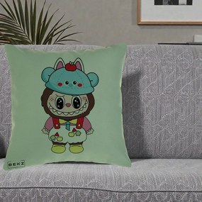 Perna Personalizata Labubu x Urs Albastru Colorat, 40x40 cm, Verde, Husa Detasabila, Perna Inclusa, BEKZ®