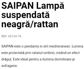Lustra / Pendul suspendat design natural din ratan SAIPAN 22,5cm