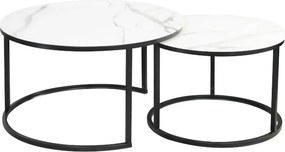 Set 2 masute cafea ATLANTA C, alb cu efect de marmura/negru, sticla/me