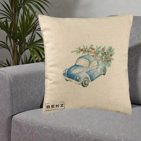 Perna Decorativa Masinuta Albastra cu Brad de Craciun, 40x40 cm, Bej, Husa Detasabila, Perna Inclusa, BEKZ®