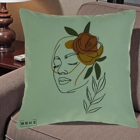 Perna Decorativa Portret Feminin Trandafir Ruginiu, 40x40 cm, Verde, Husa Detasabila, Perna Inclusa, BEKZ®