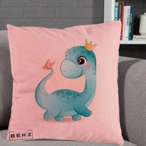 Perna Personalizata Dinozaur Bland Coroana Kawaii, 40x40 cm, Roz, Husa Detasabila, Perna Inclusa, BEKZ®