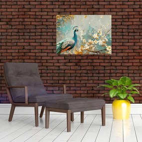 Tablou pe sticlă - Păun cu decor de aur (70x50 cm)