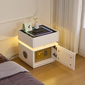 LUNÉA — Noptieră inteligentă cu seif integrat, încărcare wireless, Bluetooth Stereo, iluminare RGB, USB + Type-C și senzor de mișcare, Alb