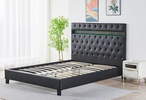 Pat Tapitat Catifea cu Iluminare LED, Somiera si Saltea Inclusa , Negru 160x200 cm Cod FB-18