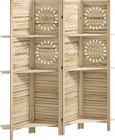 HOMCOM Paravan interior 4 panouri și 3 rafturi, 160 x 170 cm, separator de cameră pliabil, lemn de paulownia, lemn natural | Aosom Romania
