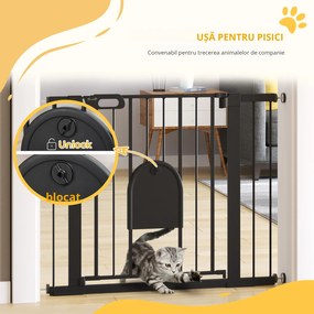 PawHut Barieră Reglabilă pentru Câini cu Ușă Mică, Montare prin Presiune și Închidere Automată, 75-103x76 cm, Negru | Aosom Romania