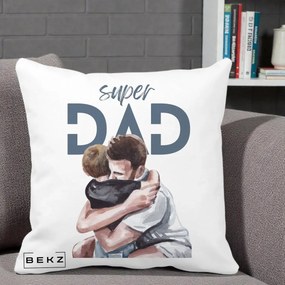 Cadou pentru Tata - Perna Personalizata Super Dad Tata si Fiu Imbratisare, 40x40 cm, Alba Mata, Husa Detasabila, Perna Inclusa, BEKZ®