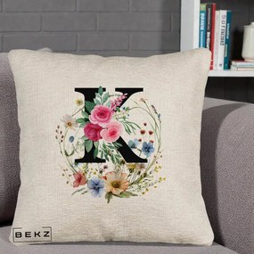 Cadou Personalizat - Perna Personalizata Monogram Litera K cu Flori Acuarela, 40x40 cm, Bej Canapea, Husa Detasabila, Perna Inclusa, BEKZ®