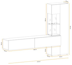 Mobila living moderna, albastru inchis stejar natur, 210 cm lungime, usi deschidere push open prin apasare, Bortis