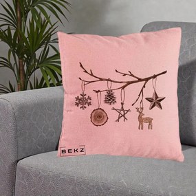 Perna Decorativa Ornamente de Lemn pe Ramura, 40x40 cm, Roz, Husa Detasabila, Perna Inclusa, BEKZ®