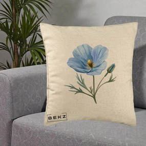Perna Decorativa Mac Albastru Acuarela, 40x40 cm, Bej, Husa Detasabila, Perna Inclusa, BEKZ®