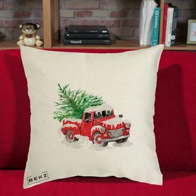Perna Decorativa Camioneta Rosie Brad de Craciun, 40x40 cm, Ecru, Husa Detasabila, Perna Inclusa, BEKZ®