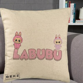 Perna Personalizata Labubu Duo Roz-Lila cu Text, 40x40 cm, Bej, Husa Detasabila, Perna Inclusa, BEKZ®