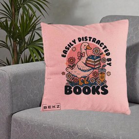 Perna Personalizata Easily Distracted by Books, 40x40 cm, Roz, Husa Detasabila, Perna Inclusa, BEKZ®
