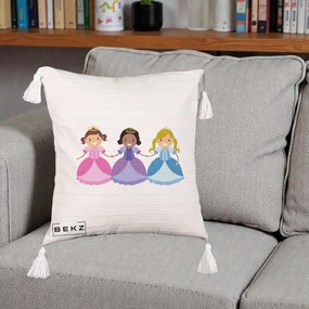 Perna Personalizata Printese Diverse Ilustratie, 40x40 cm, Bej cu Franjuri, Husa Detasabila, Perna Inclusa, BEKZ®