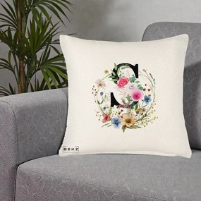 Cadou Personalizat - Perna Personalizata Monogram Litera S cu Flori Acuarela, 40x40 cm, Crem Reliefat, Husa Detasabila, Perna Inclusa, BEKZ®
