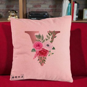Cadou Personalizat - Perna Personalizata Monograma Rose Gold Litera V, 40x40 cm, Roz, Husa Detasabila, Perna Inclusa, BEKZ®