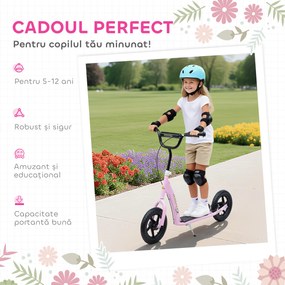 HOMCOM Trotinetă cu 2 Roți pentru Copii 5-12 Ani cu Frână Posterioară și Ghidon Reglabil, Trotinetă din Oțel și Plastic, 120x52x80-88 cm, Roz | Aosom Romania