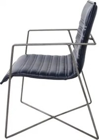 Scaun dining cu brațe tapițat eclectic din piele naturală și metal, albastru, cu cusături în canale și bază în X, 87 x 60 x 53 cm, „Saint-Tropez”