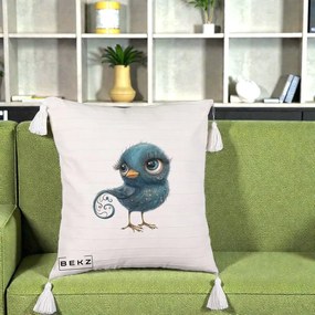 Perna Decorativa Pasare Teal cu Motive Aurii si Coada Spiralata, 40x40 cm, Bej cu Franjuri, Husa Detasabila, Perna Inclusa, BEKZ®
