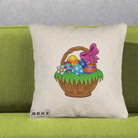 Perna Decorativa Cos cu Oua de Pasti Colorat, 40x40 cm, Bej Canapea, Husa Detasabila, Perna Inclusa, BEKZ®