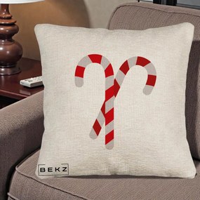 Perna Decorativa Candy Cane de Craciun, 40x40 cm, Bej Canapea, Husa Detasabila, Perna Inclusa, BEKZ®