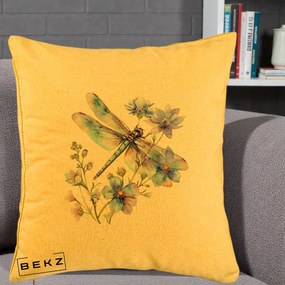 Perna Decorativa Libelula Acuarela Flori Albastre, 40x40 cm, Galben, Husa Detasabila, Perna Inclusa, BEKZ®
