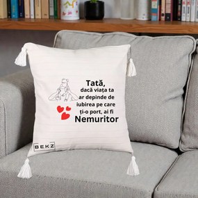 Cadou pentru Tata - Perna Personalizata Tata Nemuritor Mesaj, 40x40 cm, Bej cu Franjuri, Husa Detasabila, Perna Inclusa, BEKZ®